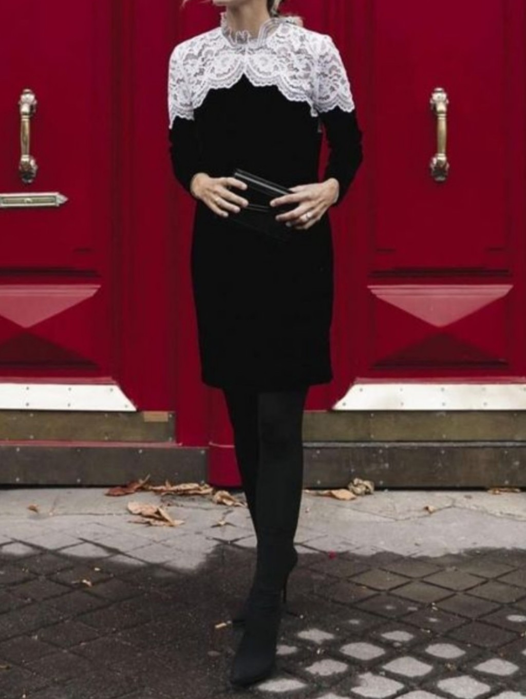 Sandro Black Velvet Mini Dress With White Lace Yoke